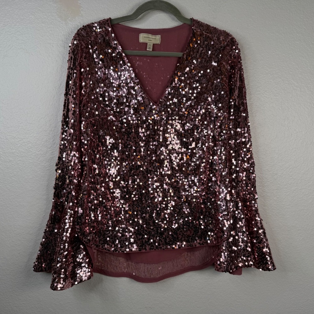 Anthropologie Moulinette Soeurs Top Pink Sz 4 Sequins Bell Sleeves Cocktail